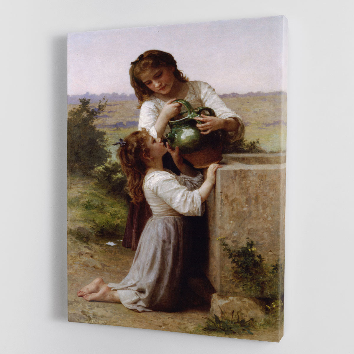 Canvas print of 'At The Fountain 2' by Bouguereau, showcasing a serene scene with elegant figures near a fountain.