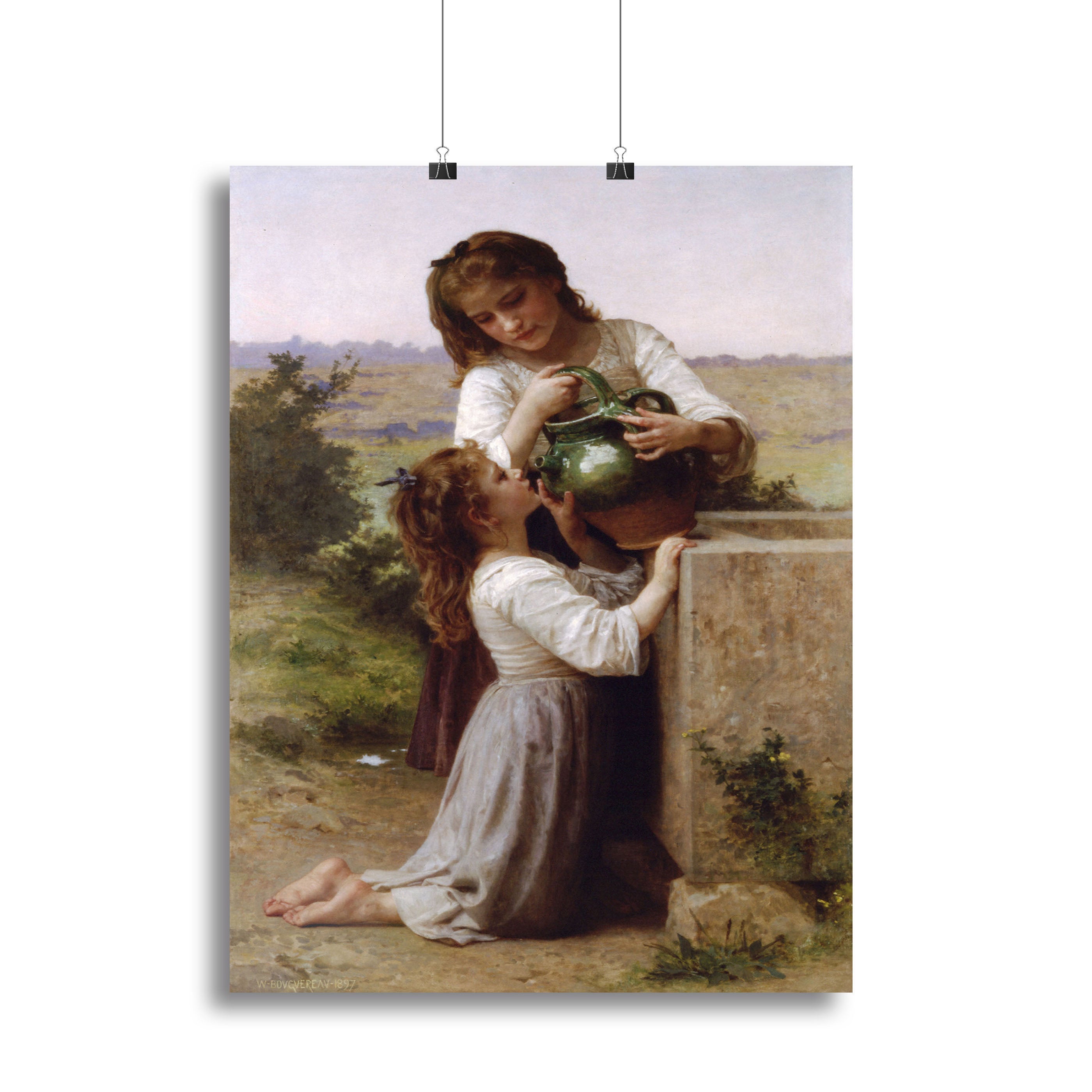 Canvas print of 'At The Fountain 2' by Bouguereau, showcasing a serene scene with elegant figures near a fountain.