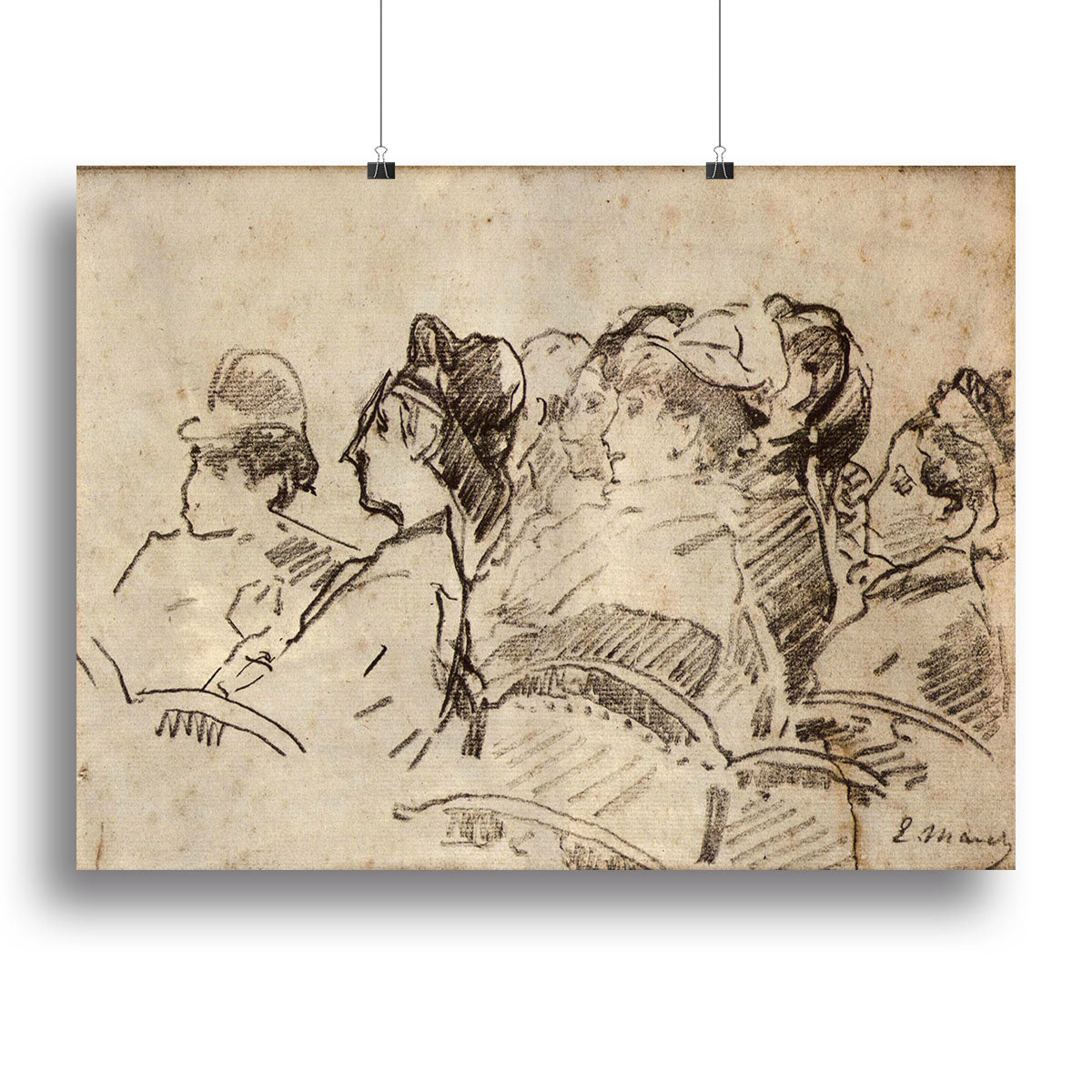Canvas print of 'At the Theater' by Manet, showcasing a vibrant 19th-century Parisian scene with elegant figures and rich colors.