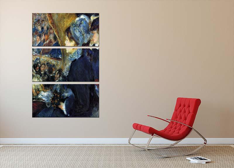 At the Theatre by Renoir 3 Split Panel Canvas Print featuring three panels of vibrant artwork depicting a theatrical scene.
