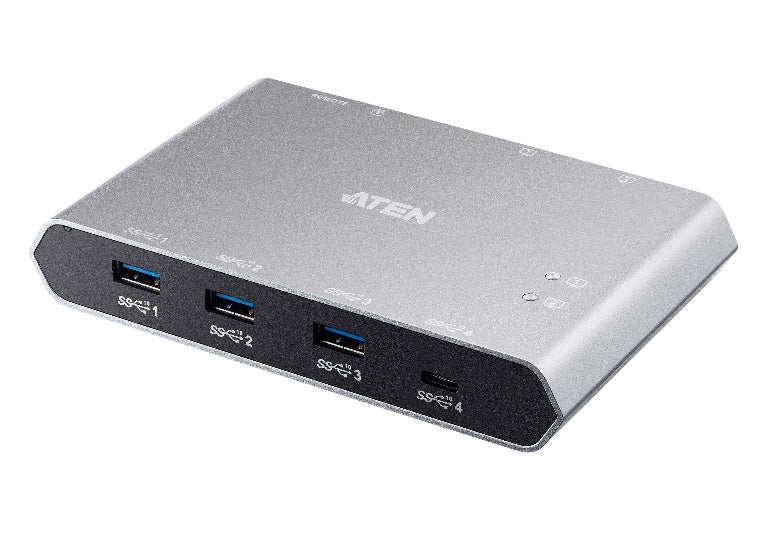 Aten Sharing Switch Gen2 with two laptops connected, showcasing four USB 3.2 Gen 2 ports and remote port selector.