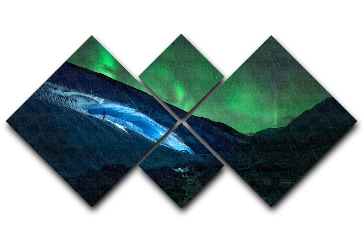 Athabasca Ice Burning 4 Square Multi Panel Canvas artwork featuring a stunning icy landscape divided into four equal panels.