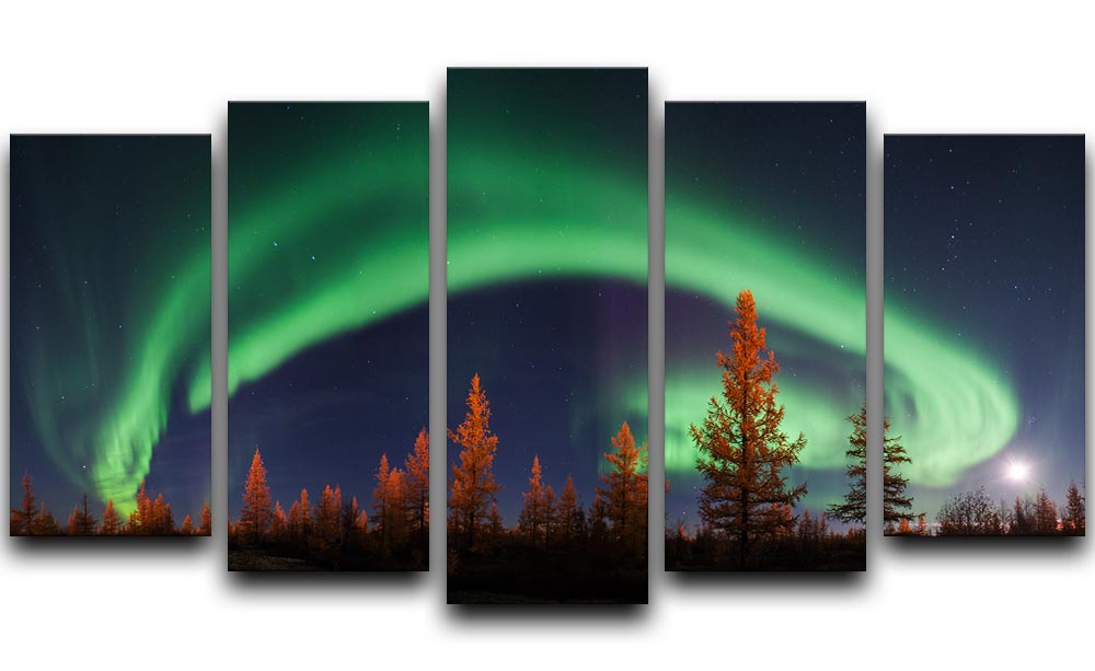 Aurora Polar Lights 5 Split Panel Canvas artwork featuring vibrant colors of the Northern Lights across five panels.