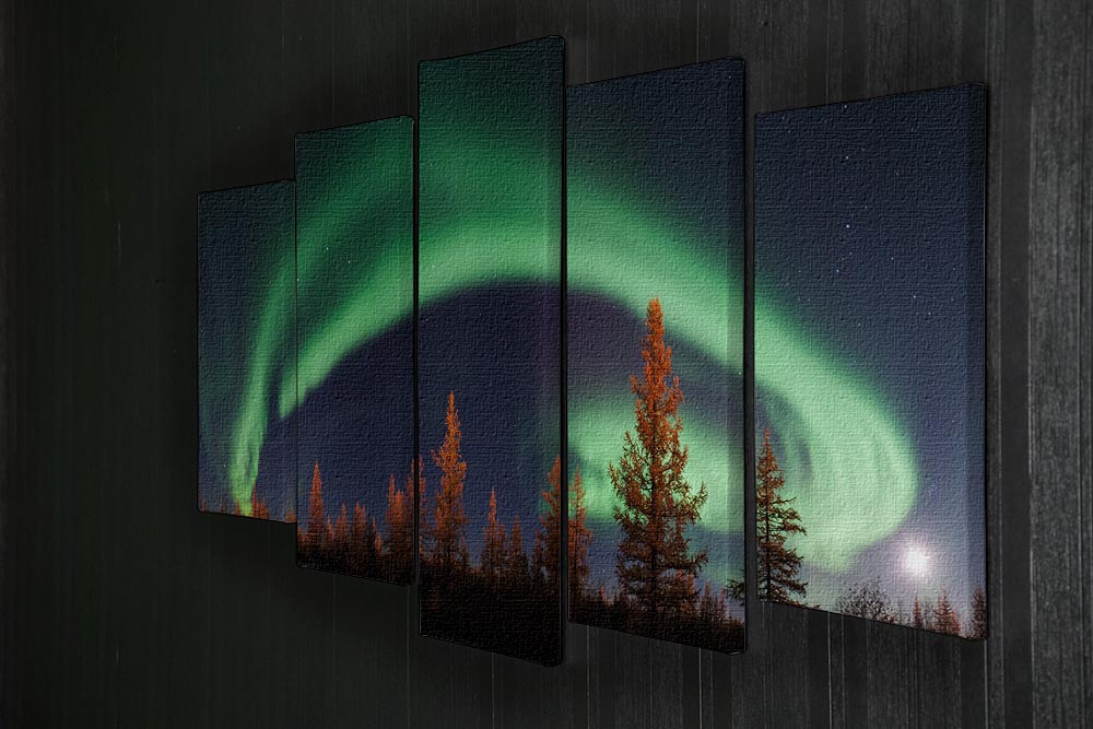 Aurora Polar Lights 5 Split Panel Canvas artwork featuring vibrant colors of the Northern Lights across five panels.