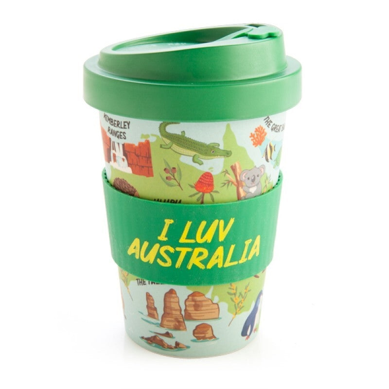 Aussie Bamboo Cup with green anti-spill lid and silicone band, showcasing its eco-friendly design.