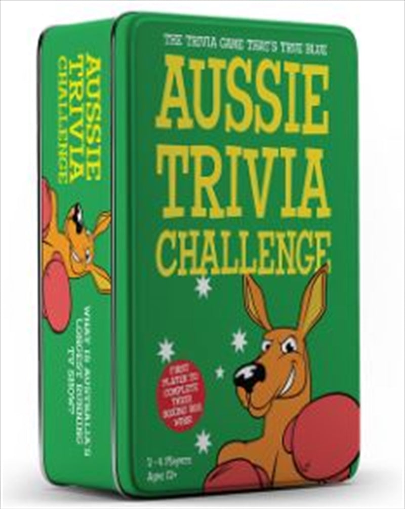 Aussie Trivia Challenge Tin featuring colorful Australian-themed graphics and trivia cards.