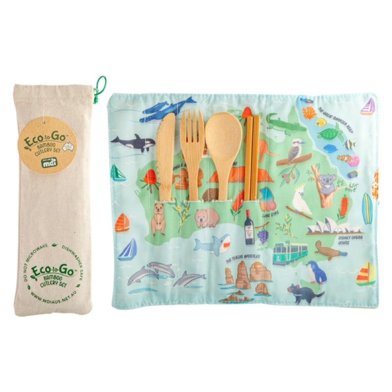 Australiana Eco-to-Go Bamboo Cutlery Set featuring spoon, knife, fork, chopsticks, and illustrated travel wrap with Australian map.