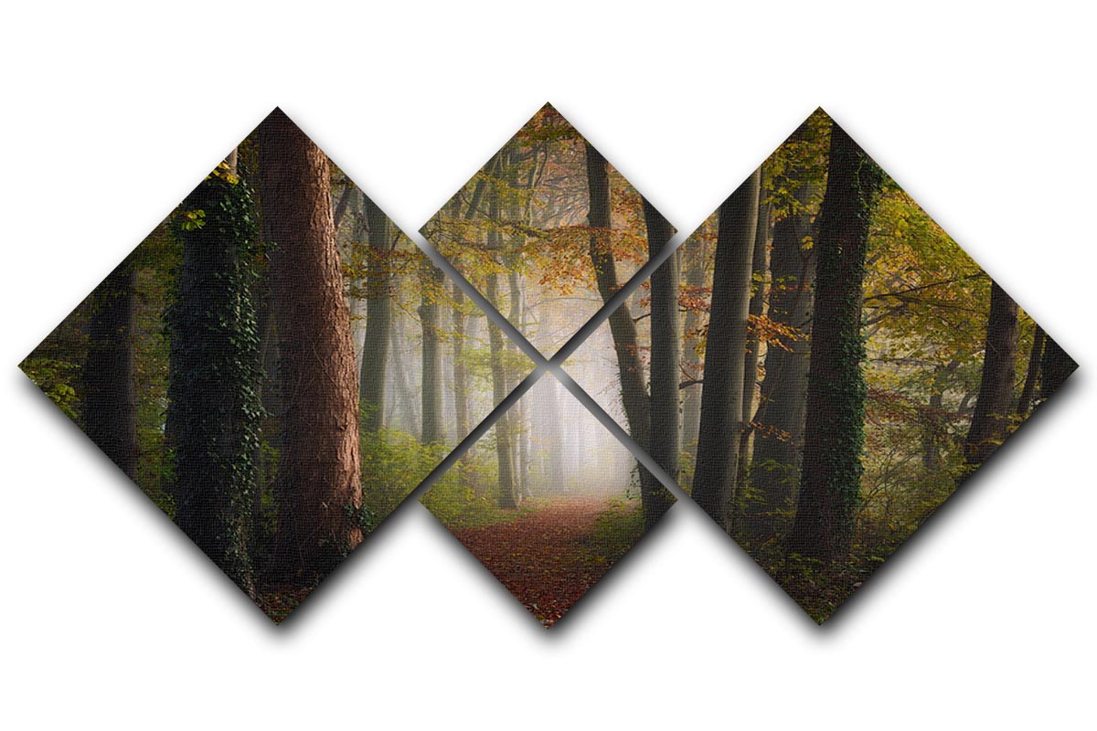 A vibrant multi-panel canvas artwork depicting a colorful autumn forest, divided into four equal square sections, showcasing warm hues of orange, red, and yellow.