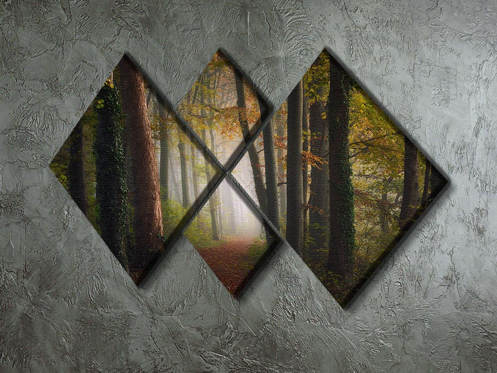 A vibrant multi-panel canvas artwork depicting a colorful autumn forest, divided into four equal square sections, showcasing warm hues of orange, red, and yellow.