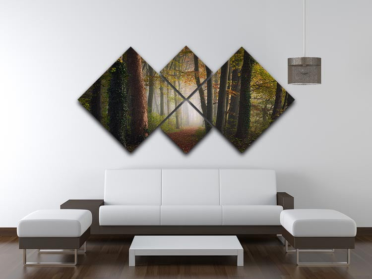 A vibrant multi-panel canvas artwork depicting a colorful autumn forest, divided into four equal square sections, showcasing warm hues of orange, red, and yellow.