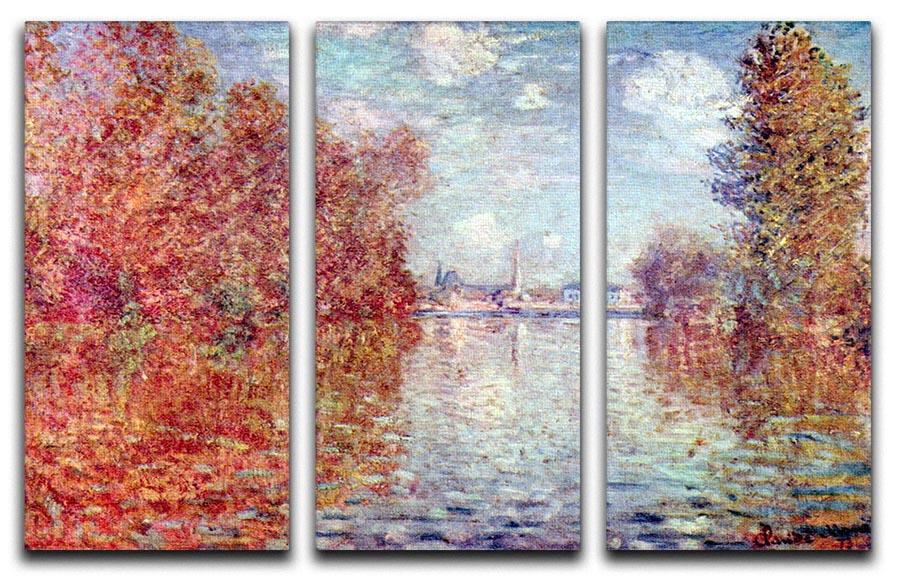 A stunning split panel canvas print of Monet's Autumn in Argenteuil, featuring vibrant colors and intricate details across three panels.