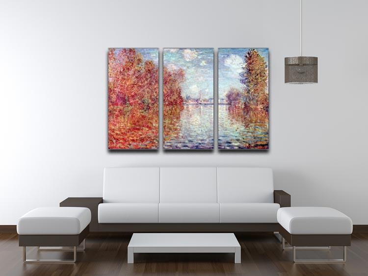 A stunning split panel canvas print of Monet's Autumn in Argenteuil, featuring vibrant colors and intricate details across three panels.