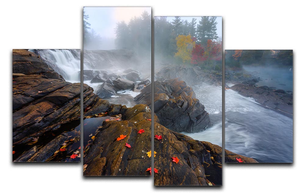 A beautiful 4-panel canvas artwork depicting vibrant autumn colors in Canada, showcasing trees with red and orange leaves.