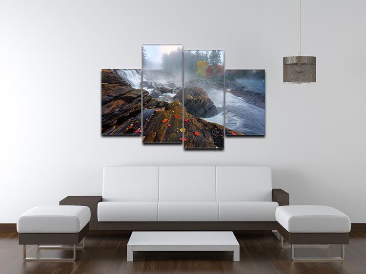 A beautiful 4-panel canvas artwork depicting vibrant autumn colors in Canada, showcasing trees with red and orange leaves.