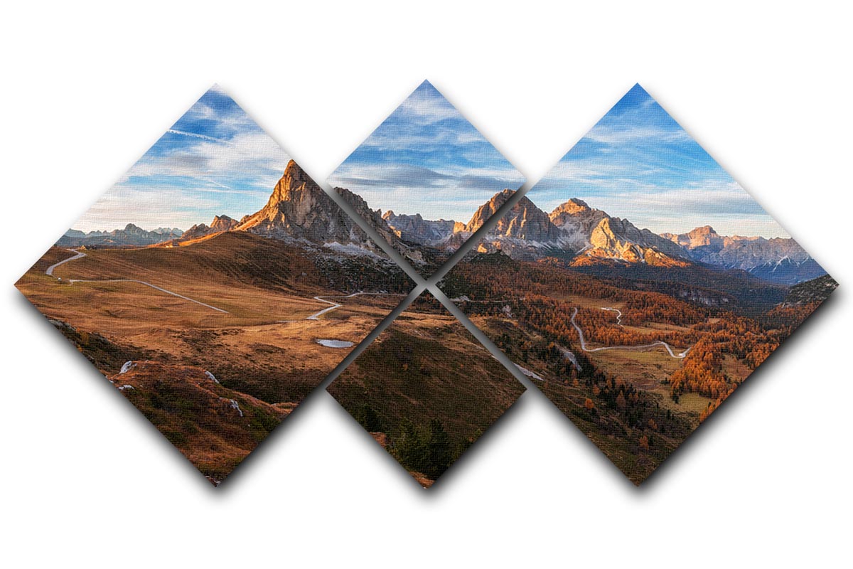 A beautiful multi-panel canvas artwork depicting autumn in the Dolomites, featuring four square sections that create a cohesive landscape.