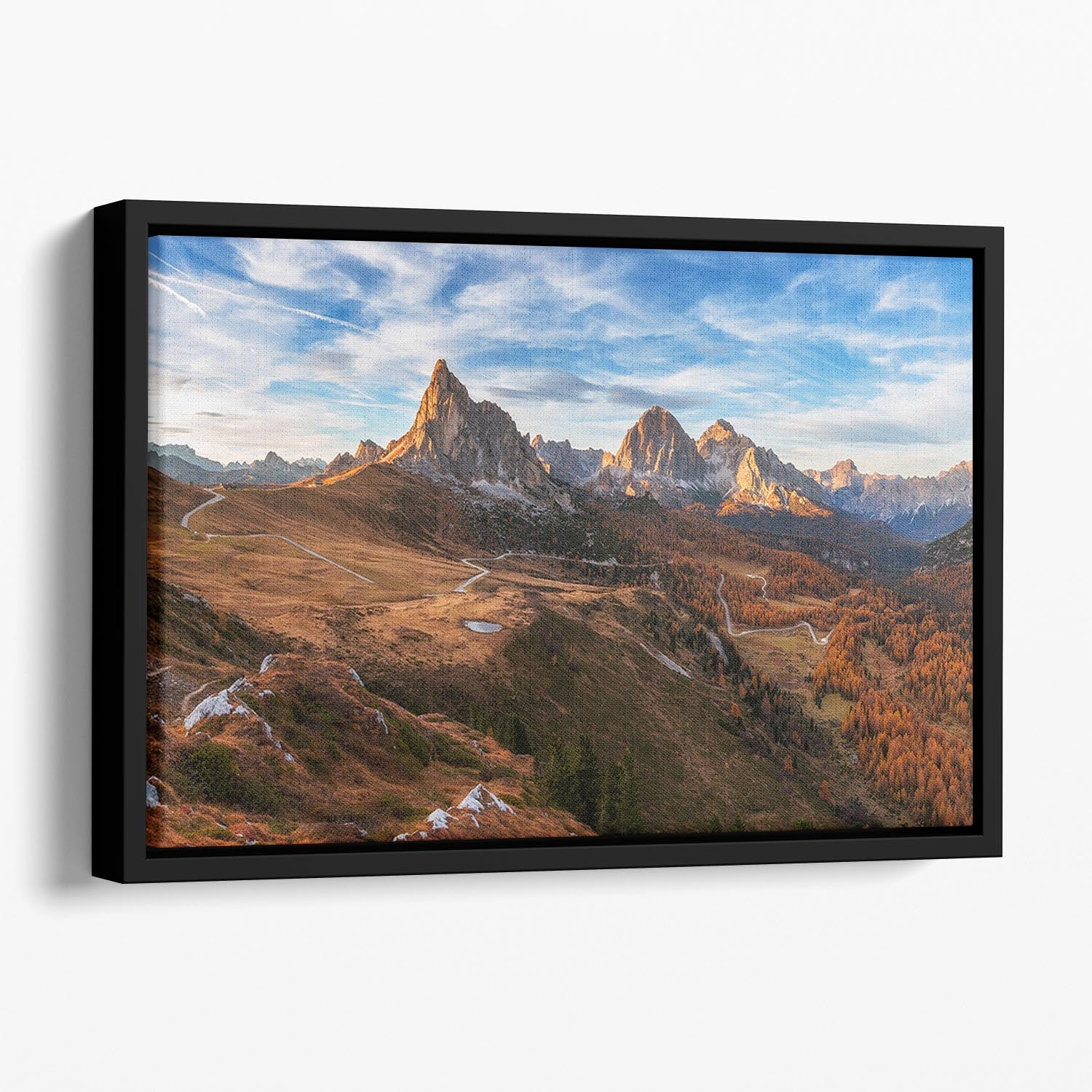Autumn In Dolomites Floating Framed Canvas featuring vibrant autumn colors in an elegant floating frame.