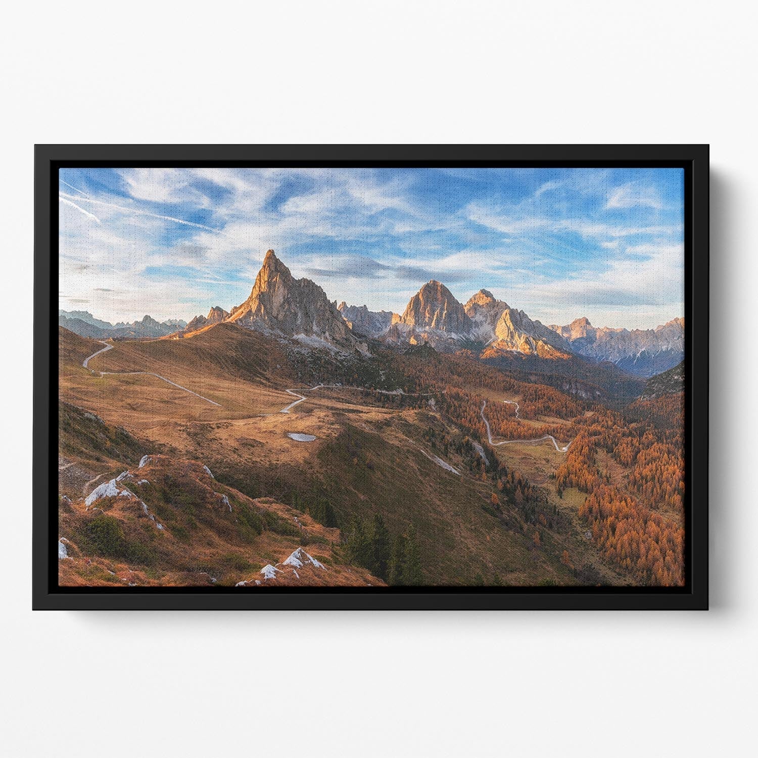 Autumn In Dolomites Floating Framed Canvas featuring vibrant autumn colors in an elegant floating frame.