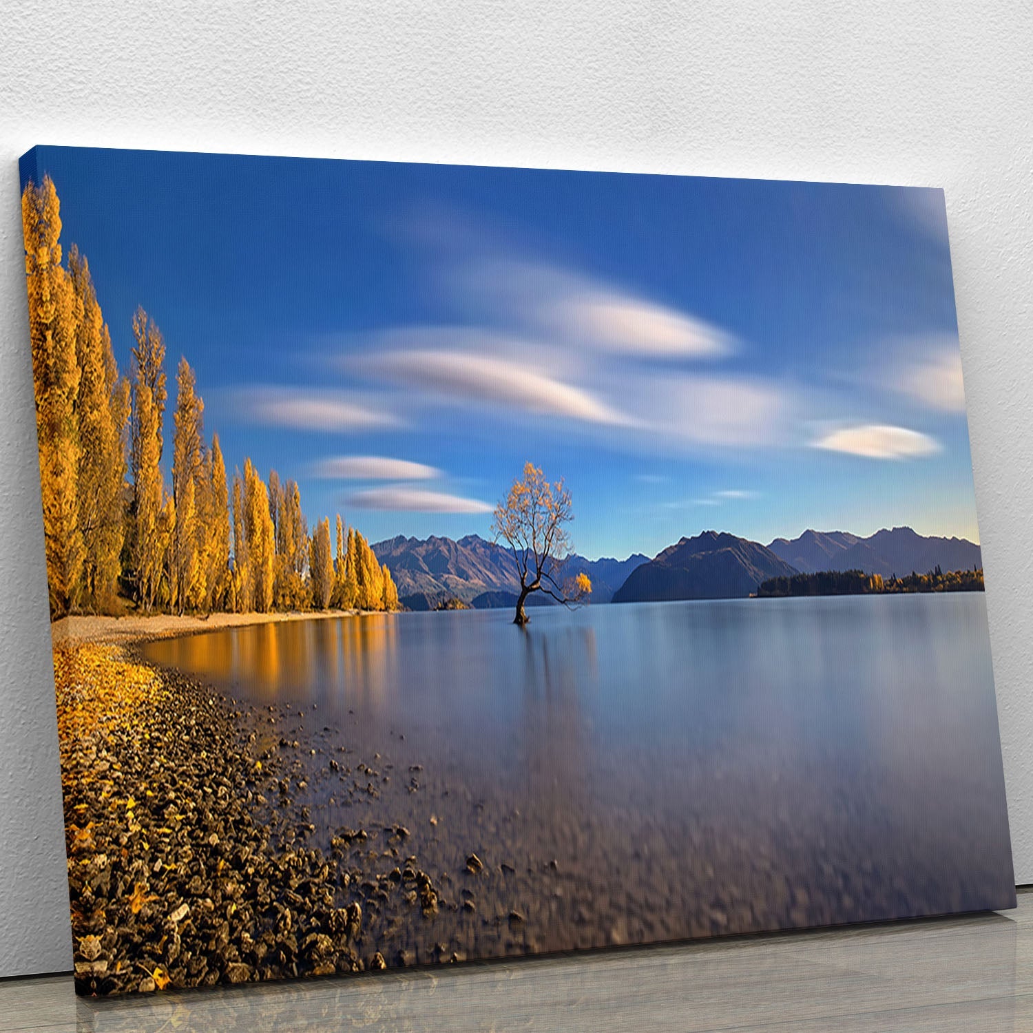 Autumn In Lake Wanaka canvas print showcasing vibrant fall colors reflecting on serene lake waters.