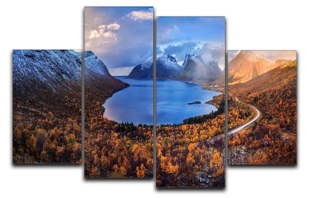A beautiful 4-split canvas artwork depicting autumn scenery in Senja, Norway, showcasing vibrant colors and intricate details.