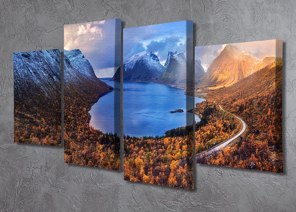 A beautiful 4-split canvas artwork depicting autumn scenery in Senja, Norway, showcasing vibrant colors and intricate details.