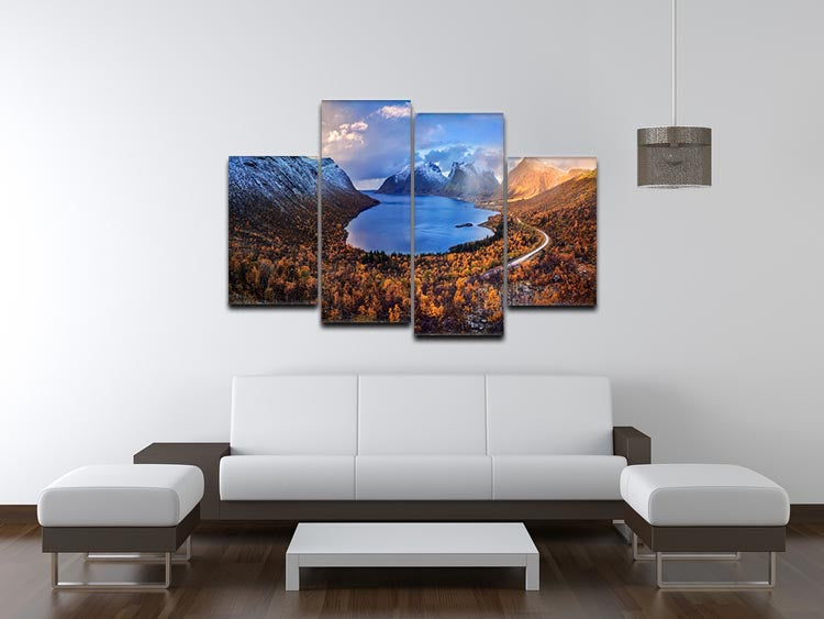 A beautiful 4-split canvas artwork depicting autumn scenery in Senja, Norway, showcasing vibrant colors and intricate details.