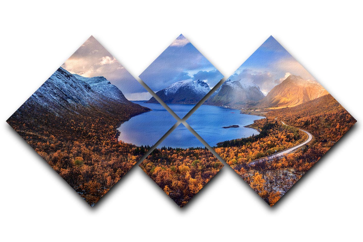 Autumn In Senja 4 Square Multi Panel Canvas featuring vibrant fall colors in a scenic landscape divided into four panels.