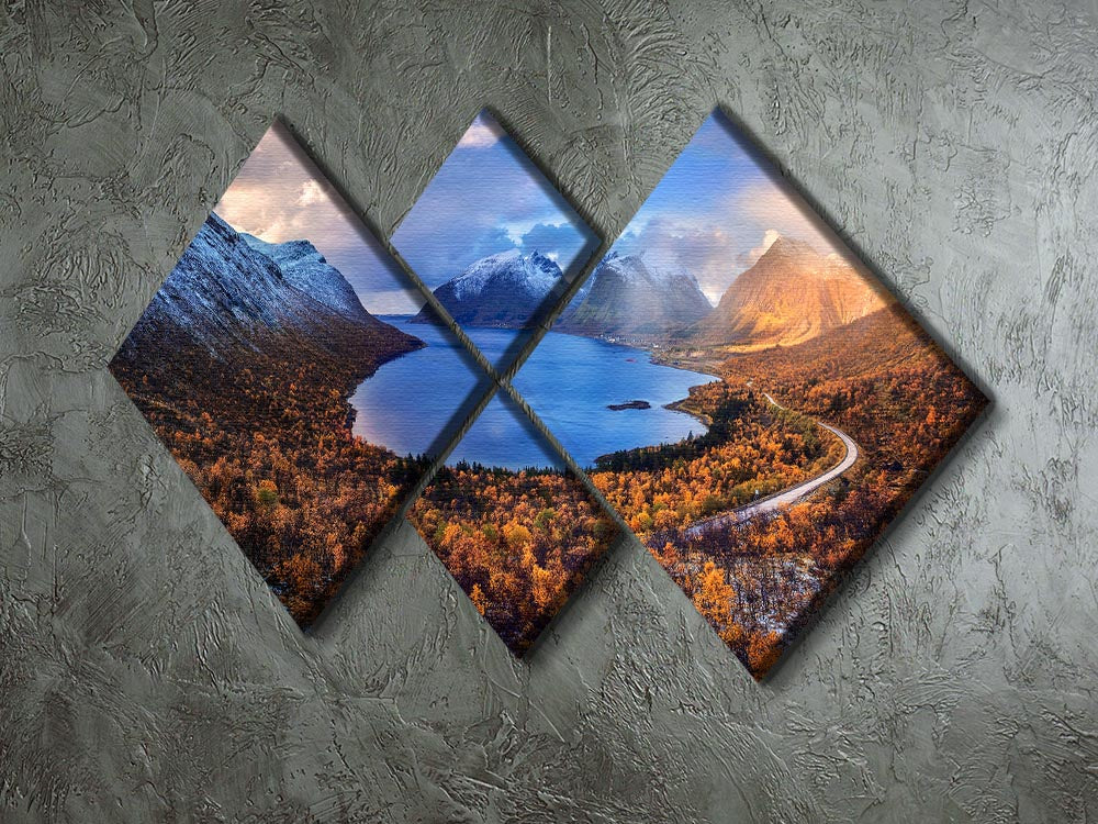 Autumn In Senja 4 Square Multi Panel Canvas featuring vibrant fall colors in a scenic landscape divided into four panels.