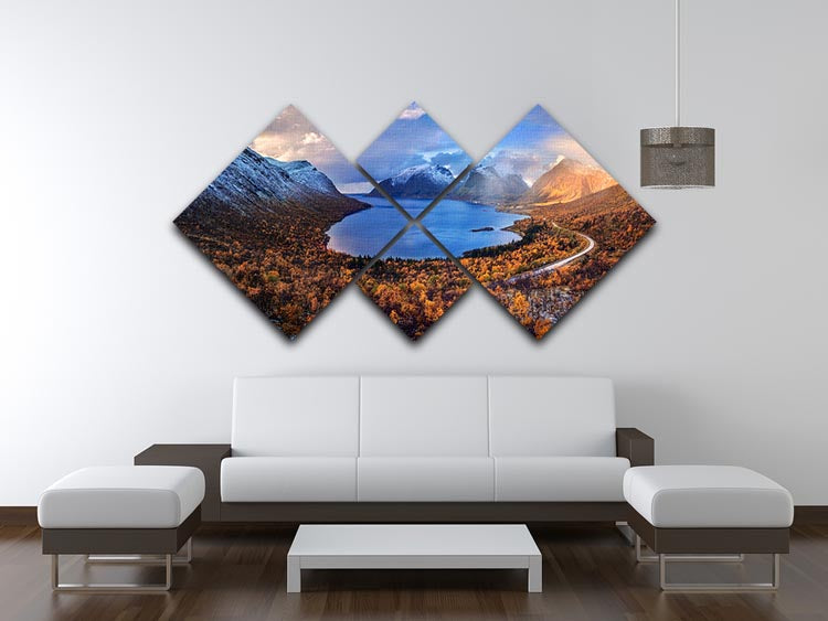 Autumn In Senja 4 Square Multi Panel Canvas featuring vibrant fall colors in a scenic landscape divided into four panels.