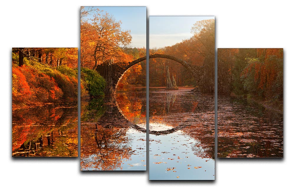 Autumn Lake 4 Split Panel Canvas artwork featuring vibrant autumn colors and serene lake scenery divided into four panels.