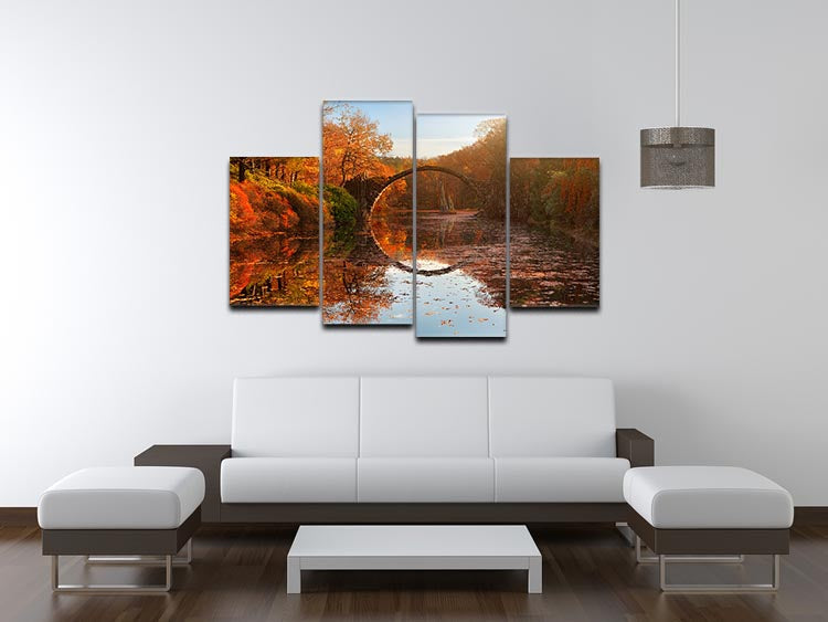 Autumn Lake 4 Split Panel Canvas artwork featuring vibrant autumn colors and serene lake scenery divided into four panels.