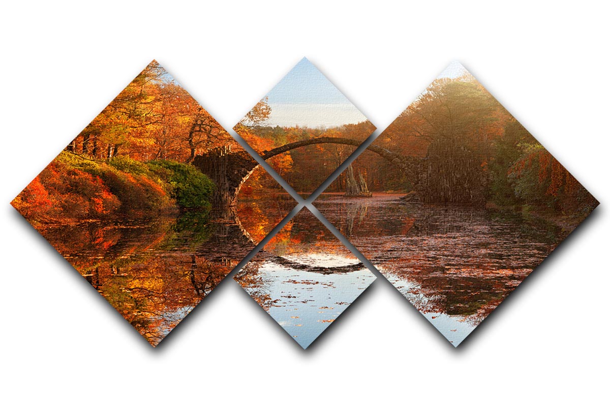 A beautiful multi-panel canvas artwork depicting an autumn lake scene, divided into four equal square sections.