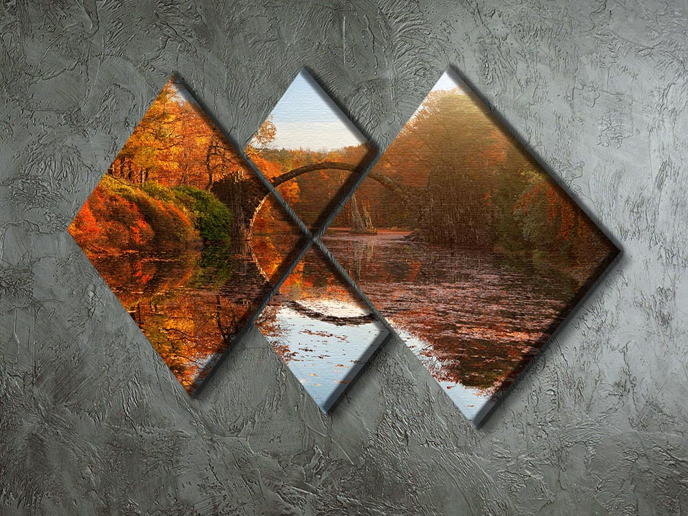 A beautiful multi-panel canvas artwork depicting an autumn lake scene, divided into four equal square sections.