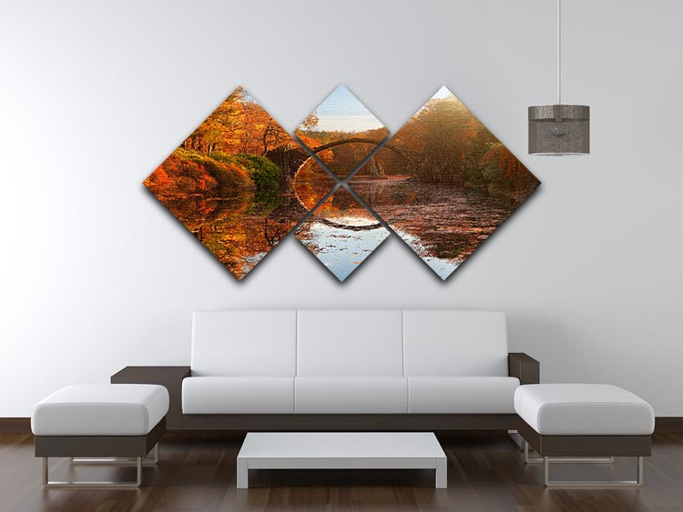 A beautiful multi-panel canvas artwork depicting an autumn lake scene, divided into four equal square sections.