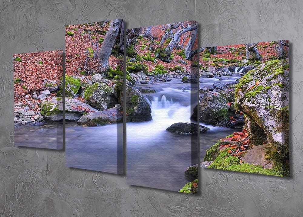 A beautiful autumn landscape lake artwork divided into four panels, showcasing vibrant fall colors and serene water reflections.