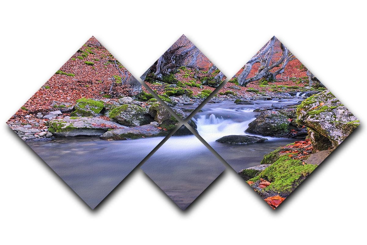 A beautiful autumn landscape lake artwork displayed in four square panels, showcasing vibrant fall colors and serene reflections.