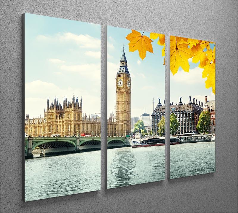 A beautiful 3-panel canvas print featuring autumn leaves and Big Ben, showcasing vibrant colors and intricate details.