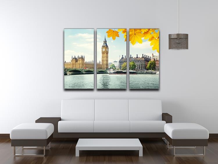 A beautiful 3-panel canvas print featuring autumn leaves and Big Ben, showcasing vibrant colors and intricate details.