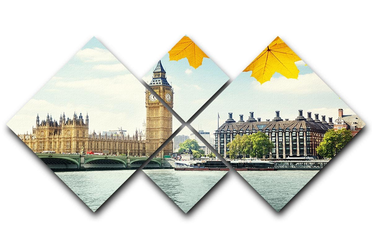 A beautiful 4-square canvas artwork featuring autumn leaves and Big Ben, showcasing vibrant colors and iconic London scenery.