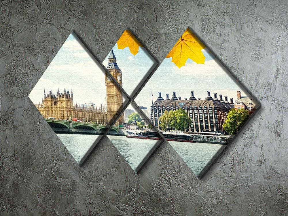 A beautiful 4-square canvas artwork featuring autumn leaves and Big Ben, showcasing vibrant colors and iconic London scenery.