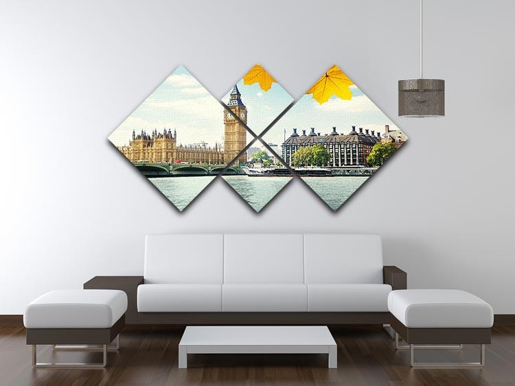 A beautiful 4-square canvas artwork featuring autumn leaves and Big Ben, showcasing vibrant colors and iconic London scenery.