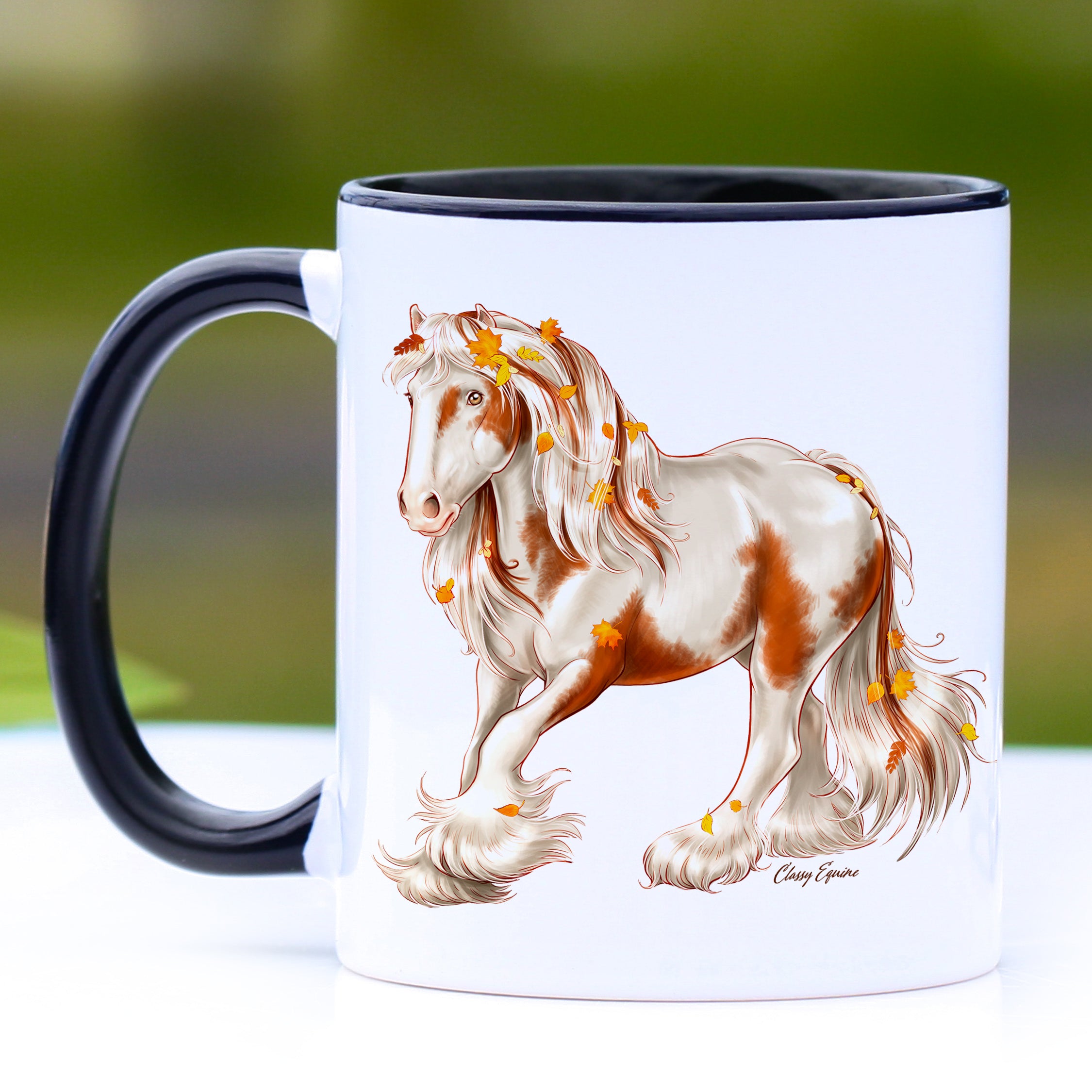 Autumn Leaves Chestnut and White Gypsy Horse Coffee Mug with black handle and interior, featuring vibrant autumn leaves design.