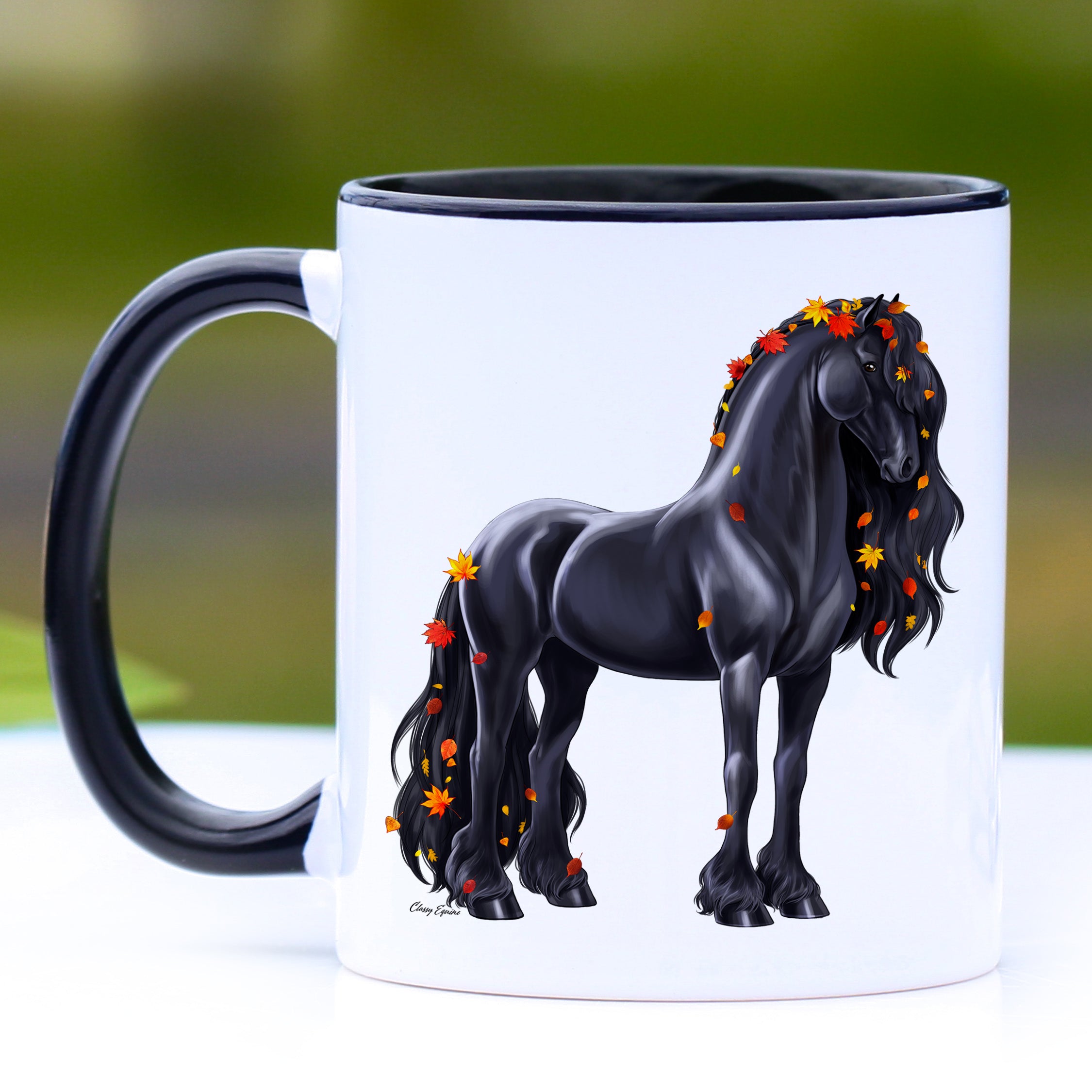 Autumn Leaves Friesian Horse Coffee Mug with black handle and interior, featuring a beautiful design of autumn leaves and a Friesian horse.