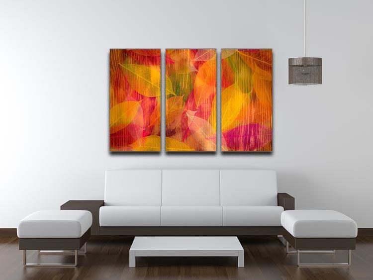 A beautiful 3-panel canvas print featuring autumn leaves, showcasing vibrant colors and intricate textures, perfect for home decor.