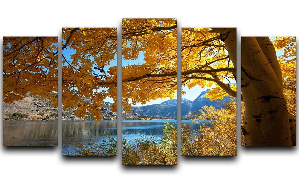 Autumn Mountain Lake 5 Split Panel Canvas artwork showcasing vibrant autumn colors and serene lake reflections across five panels.