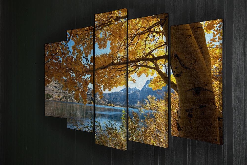 Autumn Mountain Lake 5 Split Panel Canvas artwork showcasing vibrant autumn colors and serene lake reflections across five panels.