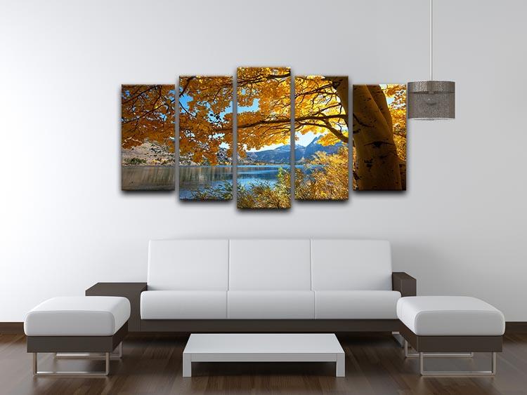 Autumn Mountain Lake 5 Split Panel Canvas artwork showcasing vibrant autumn colors and serene lake reflections across five panels.