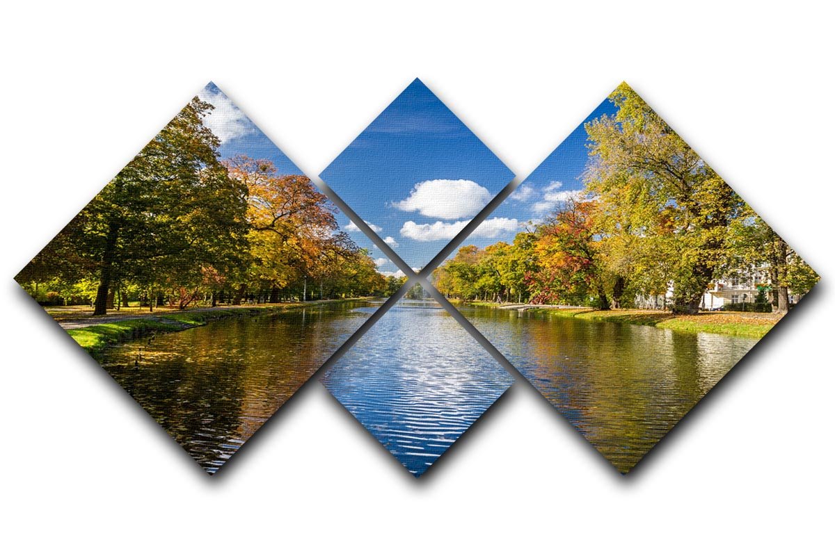 A beautiful 4-panel canvas artwork depicting an autumn park by the river, showcasing vibrant fall colors and serene nature.
