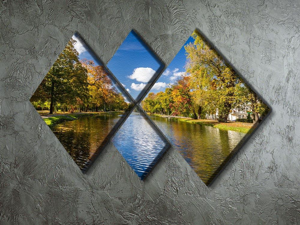 A beautiful 4-panel canvas artwork depicting an autumn park by the river, showcasing vibrant fall colors and serene nature.
