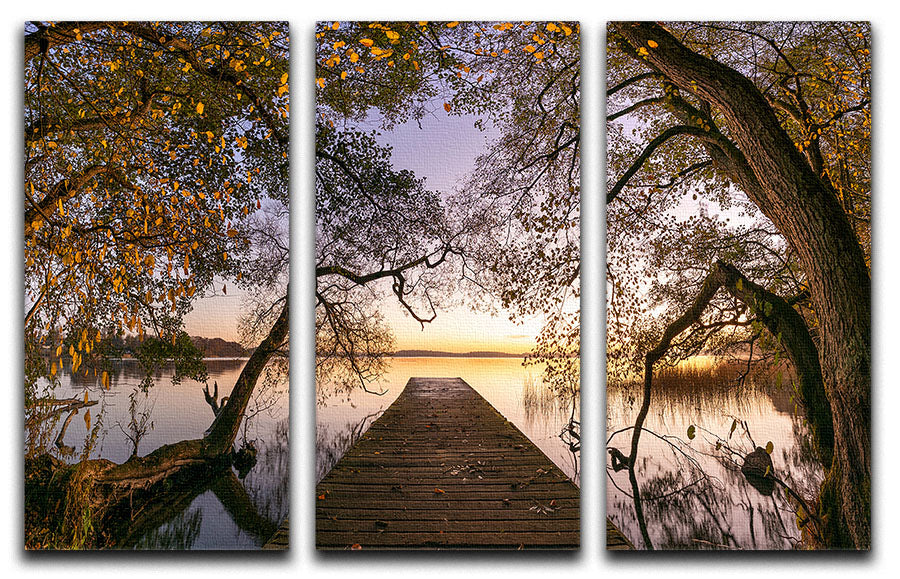 Autumn Pier 3 Split Panel Canvas Print featuring vibrant colors and serene landscape, perfect for home decor.
