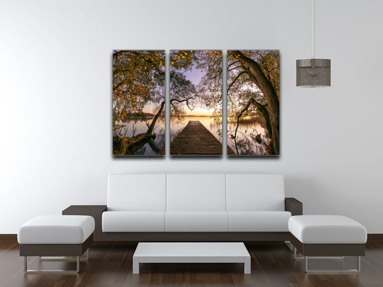 Autumn Pier 3 Split Panel Canvas Print featuring vibrant colors and serene landscape, perfect for home decor.
